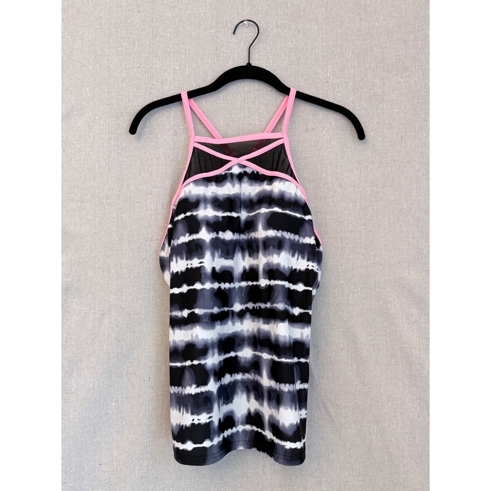 ZeroXposur Womens XL 16 Tankini Top Black White Tie Dye Pink Trim Mesh High Neck